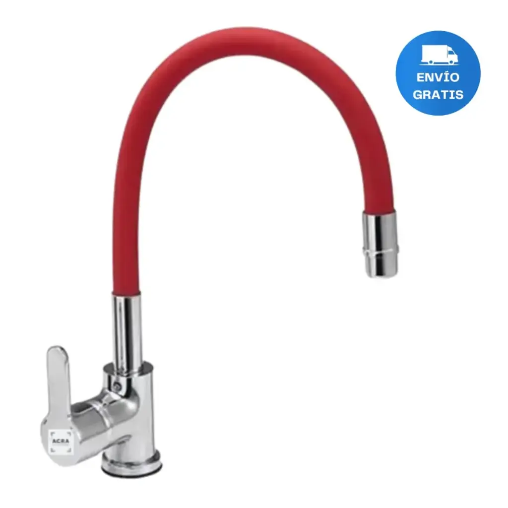 Grifería Monocomando Pico Cisne Flexible Roja Cocina Acra