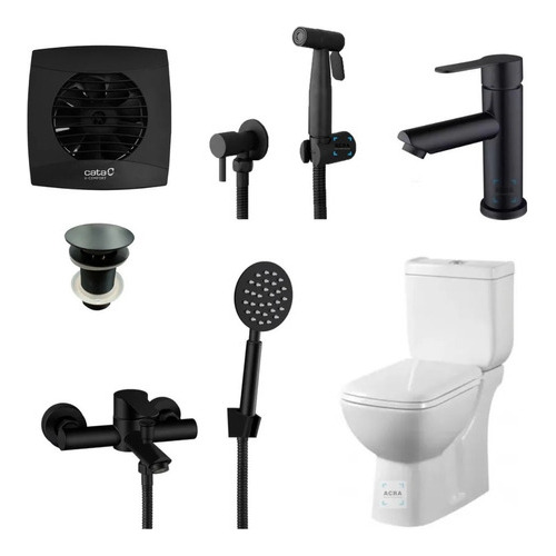 [MLU600389403] Baño Completo Inodoro + Extractor + Grifería En Negro Acra