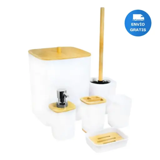 [MLU704289854] Kit Set De Accesorios Plástico Baño Blanco Y Madera Acra