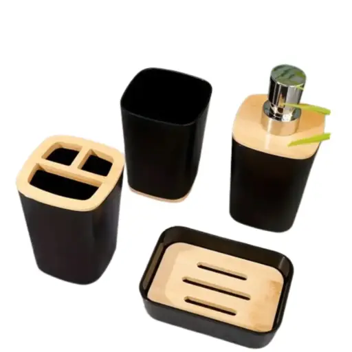 [MLU677503342] Kit, Set De Accesorios Plástico Baño Negro Y Madera Acra
