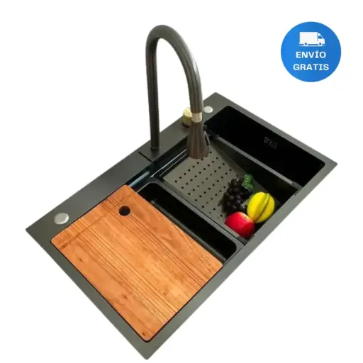 [MLU974641022] Pileta Cocina Bacha Multifunción Negra Acero Inox Completa