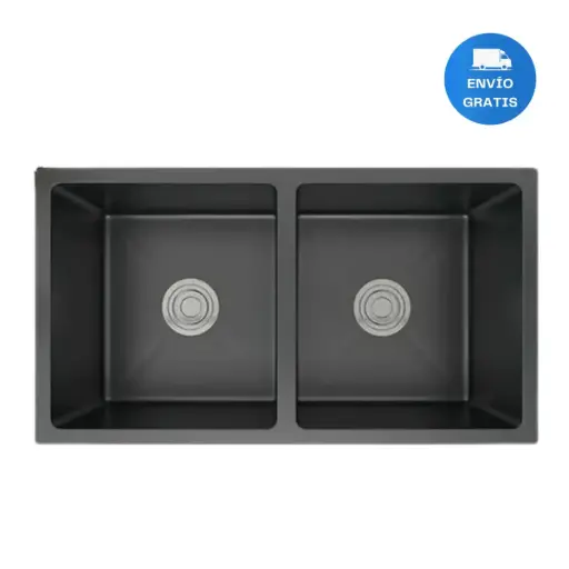 [MLU626166806] Pileta Doble Cocina Negra Acero 304 Cuadrada + Válvulas