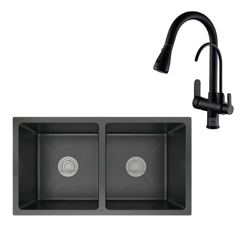 [MLU622553441] Pileta Doble De Acero Inox Negro + Canilla Para Cocina 