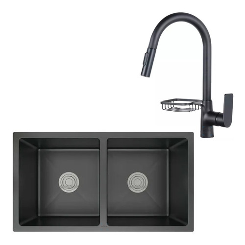 [MLU622527727] Pileta Doble En Acero Inox Negro + Griferia Con Jaboner Acra