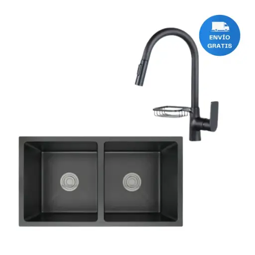 [MLU622527727] Pileta Doble En Acero Inox Negro + Griferia Con Jaboner Acra