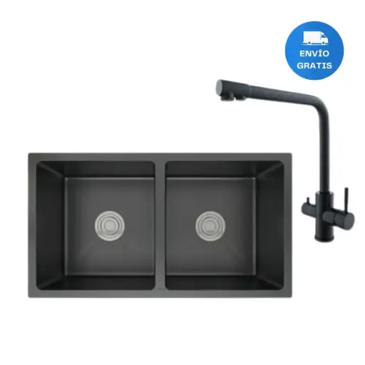 [MLU622490028] Pileta Doble En Acero Inox Negro + Valvula + Griferia Acra