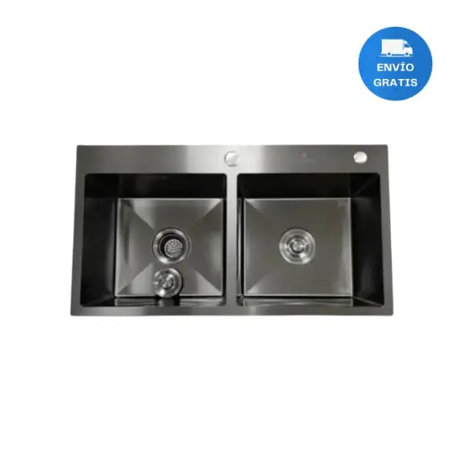 [MLU1331361130] Pileta Doble Cocina Negra Acero Cuadrada+válvulas Selen Acra